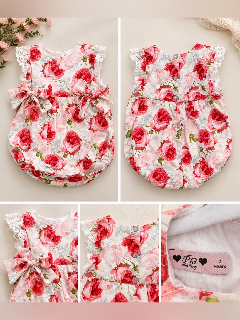 Phi Clothing Girls 2t Rose Floral Bubble Romper with Lace Flutter Sleeves & Bows